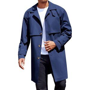 💫 Men Blue Mid Long Trench Coat Single Breasted Slim Fit Casual Fall Jackets